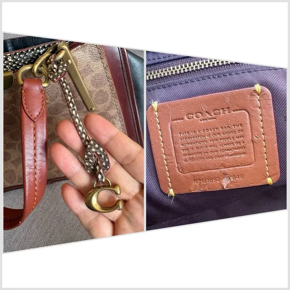 Coach Dreamer 27 In Signature Canvas Tan & Black W/ Snakeskin Detail Satchel Bag